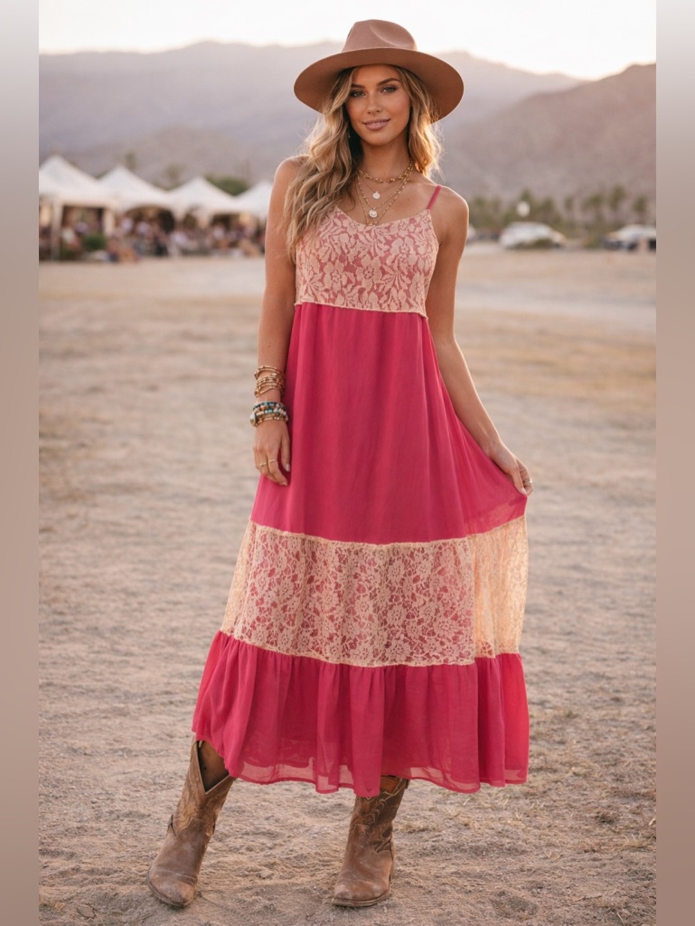 Jessica Taylor Pink & Lace Maxi Dress Size Large. Rare Boho Vintage Inspired